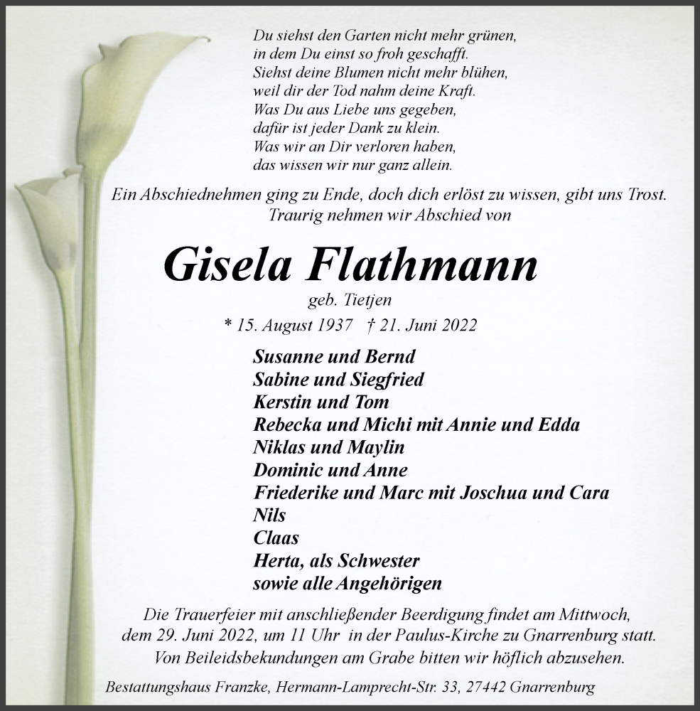  Traueranzeige für Gisela Flathmann vom 25.06.2022 aus trauer.de