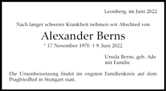 Todesanzeige von Alexander Berns von Trauer.de