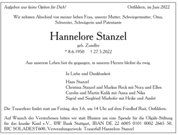Todesanzeige von Hannelore Stanzel von Trauer.de