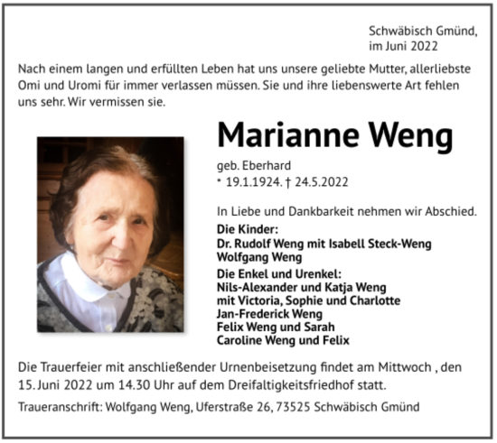 Todesanzeige von Marianne Weng von Trauer.de