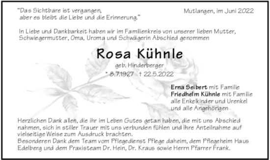 Todesanzeige von Rosa Kühnle von trauer.de