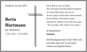 Todesanzeige von Berta Hartmann von Trauer.de