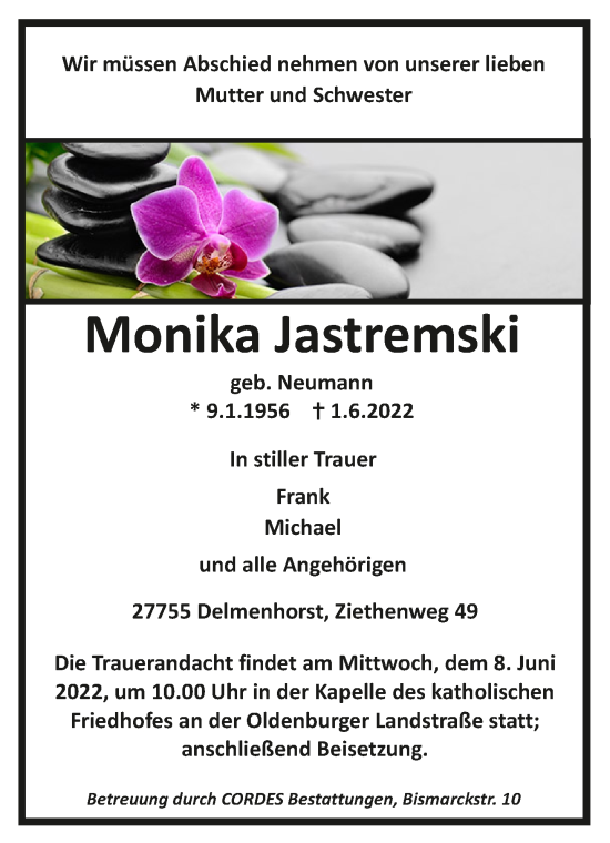 Todesanzeige von Monika Jastremski von Trauer.de