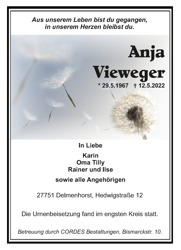  Traueranzeige für Anja Vieweger vom 04.06.2022 aus Trauer.de