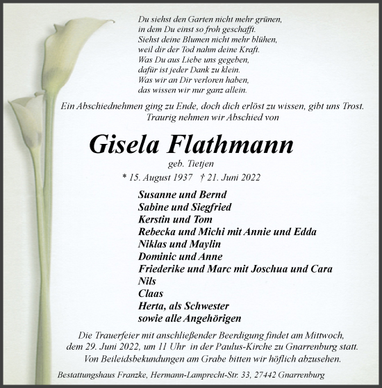 Todesanzeige von Gisela Flathmann von trauer.de