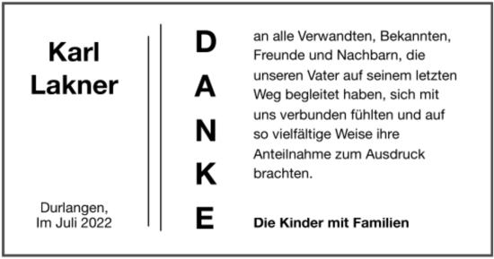 Todesanzeige von Karl Lakner von trauer.de