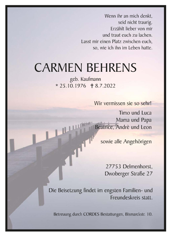 Todesanzeige von Carmen Behrens von Trauer.de