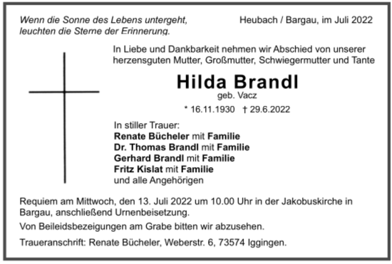 Todesanzeige von Hilda Brandl von Trauer.de