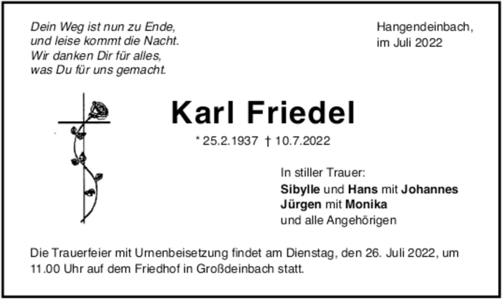  Traueranzeige für Karl Friedel vom 23.07.2022 aus trauer.de