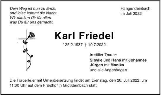 Todesanzeige von Karl Friedel von trauer.de