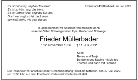 Todesanzeige von Frieder Müllerbader von trauer.de