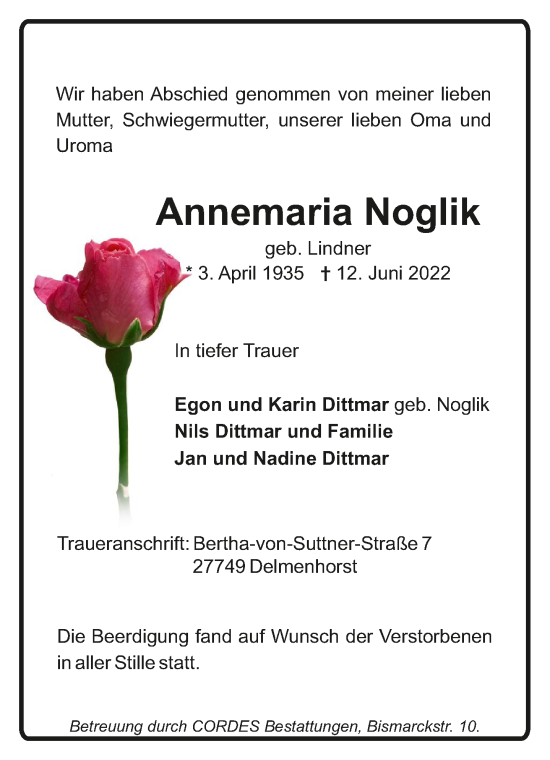 Todesanzeige von Annemaria Noglik von Trauer.de