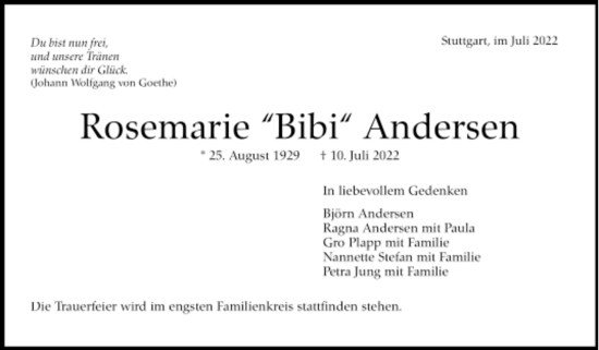 Todesanzeige von Rosemarie Andersen von Trauer.de