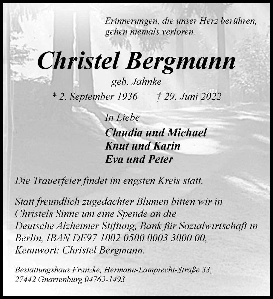  Traueranzeige für Christel Bergmann vom 09.07.2022 aus trauer.de