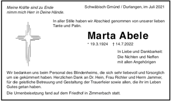 Todesanzeige von Marta Abele von trauer.de