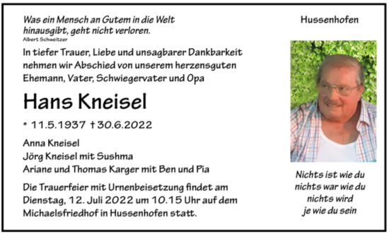 Todesanzeige von Hans Kneisel von Trauer.de