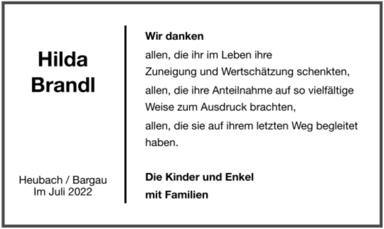 Todesanzeige von Hilda Brandl von trauer.de