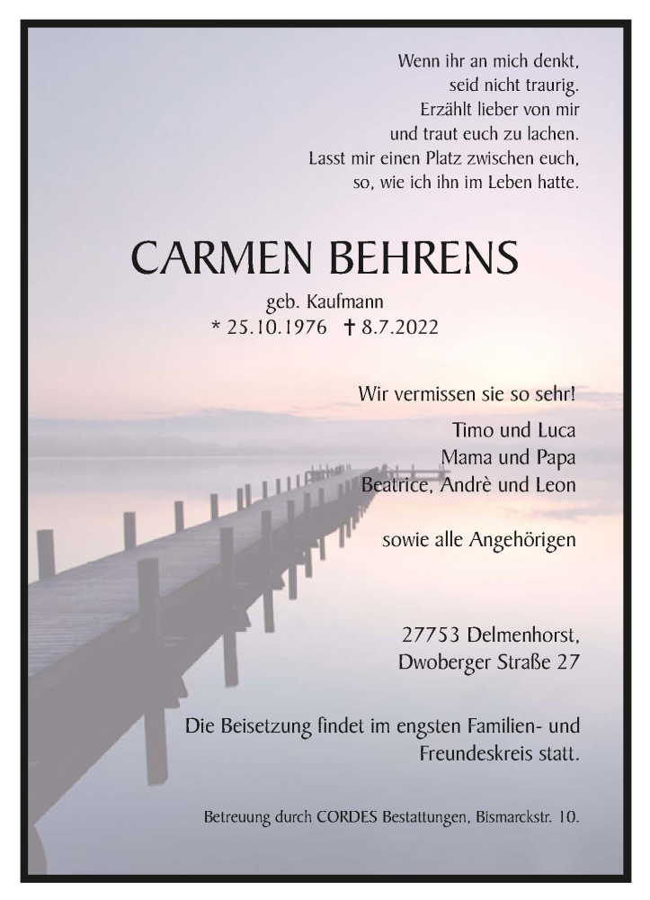  Traueranzeige für Carmen Behrens vom 16.07.2022 aus Trauer.de