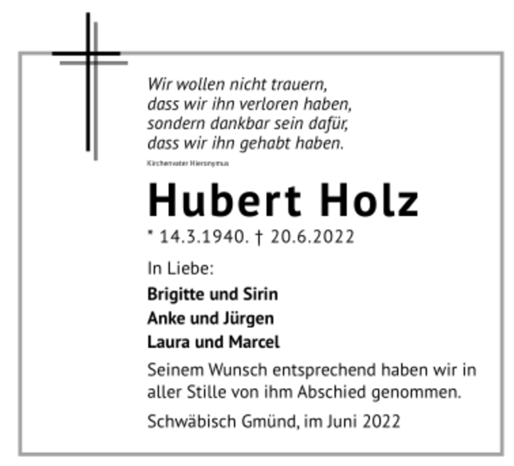  Traueranzeige für Hubert Holz vom 01.07.2022 aus trauer.de