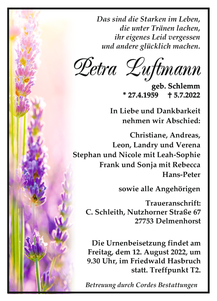  Traueranzeige für Petra Luftmann vom 23.07.2022 aus trauer.de