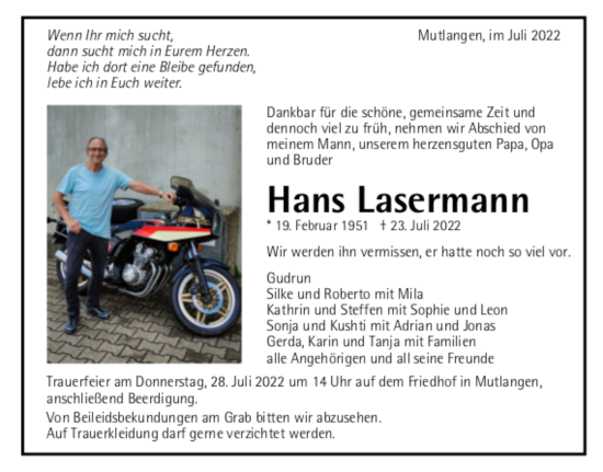Todesanzeige von Hans Lasermann von trauer.de