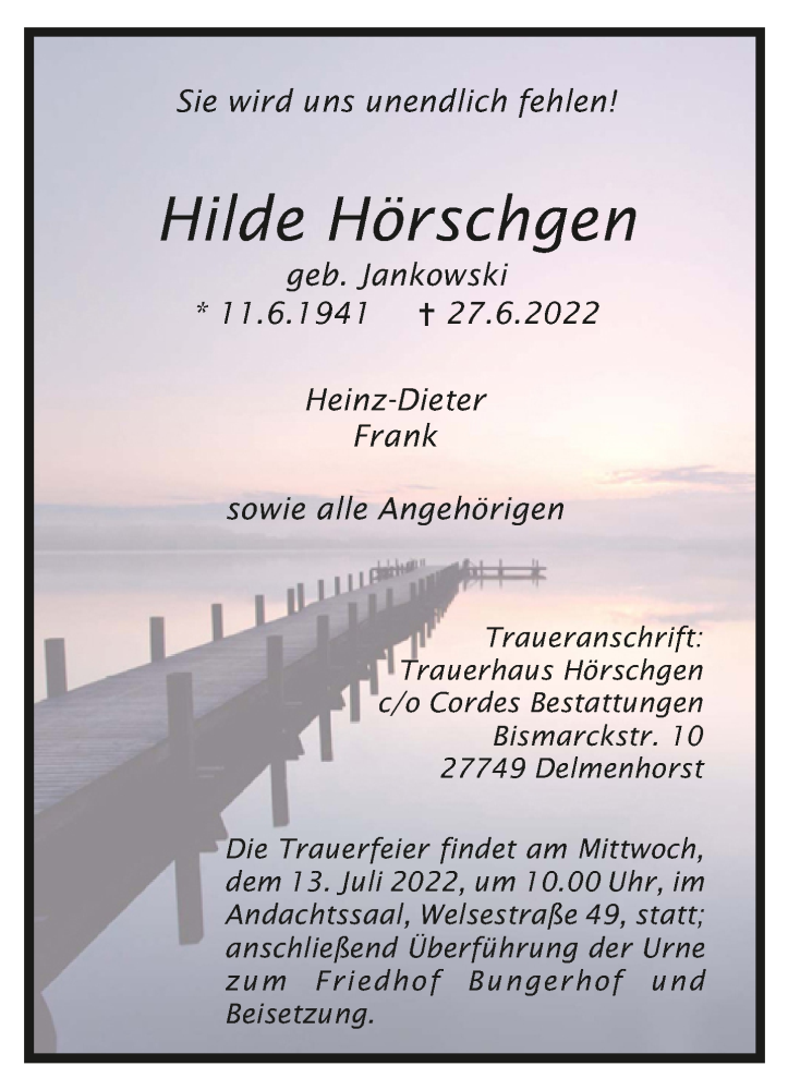  Traueranzeige für Hilde Hörschgen vom 02.07.2022 aus trauer.de