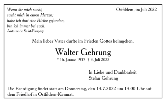 Todesanzeige von Walter Gehrung von trauer.de