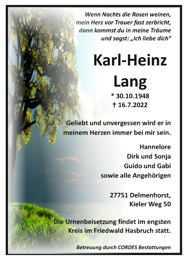  Traueranzeige für Karl-Heinz Lang vom 23.07.2022 aus trauer.de