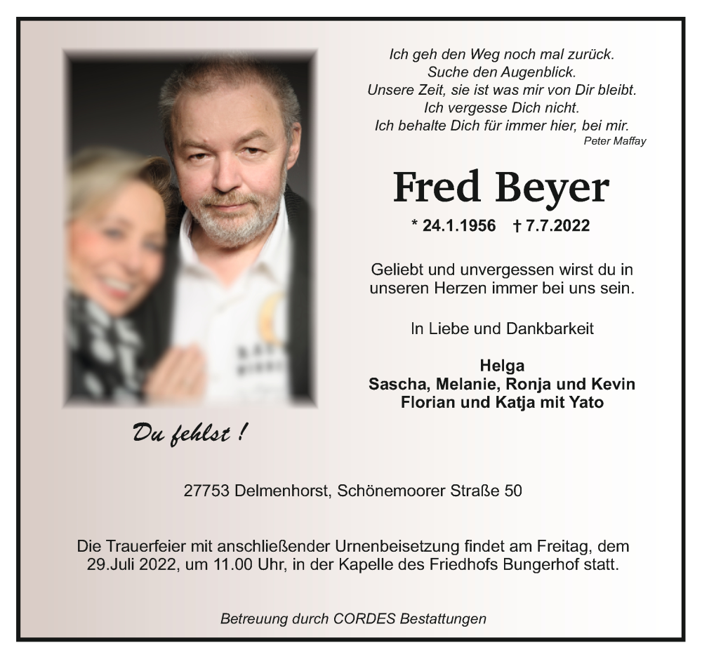 Traueranzeige für Fred Beyer vom 16.07.2022 aus Trauer.de
