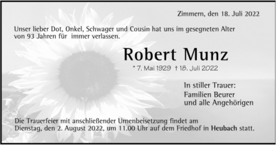 Todesanzeige von Robert Munz von trauer.de