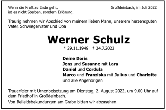 Todesanzeige von Werner Schulz von Trauer.de