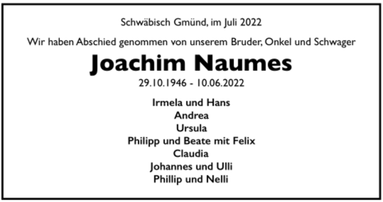 Todesanzeige von Joachim Naumes von trauer.de