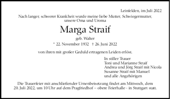 Todesanzeige von Marga Straif von trauer.de