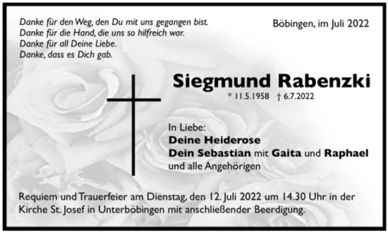 Todesanzeige von Siegmund Rabenzki von Trauer.de
