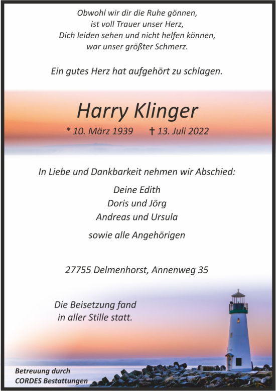 Todesanzeige von Harry Klinger von Trauer.de