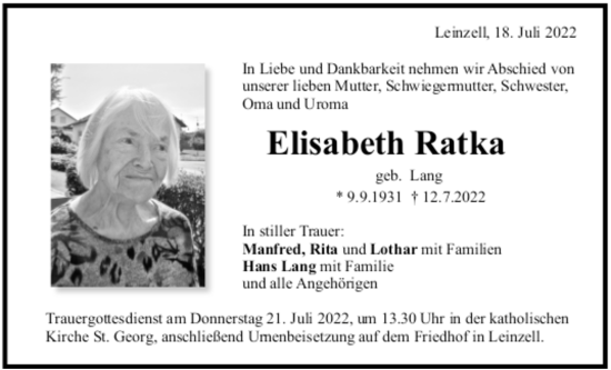 Todesanzeige von Elisabeth Ratka von trauer.de