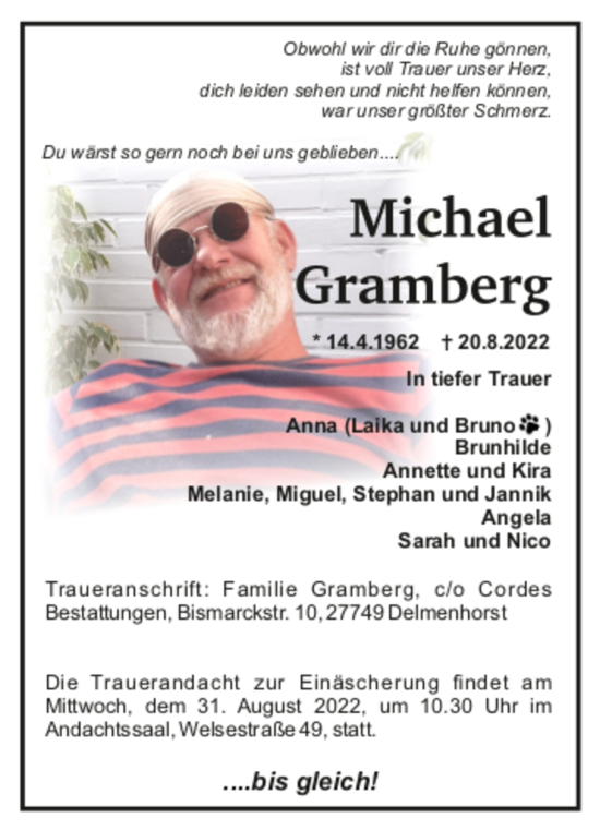 Todesanzeige von Michael Gramberg von trauer.de