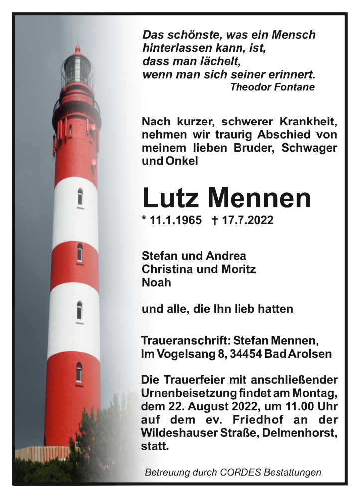  Traueranzeige für Lutz Mennen vom 13.08.2022 aus Trauer.de