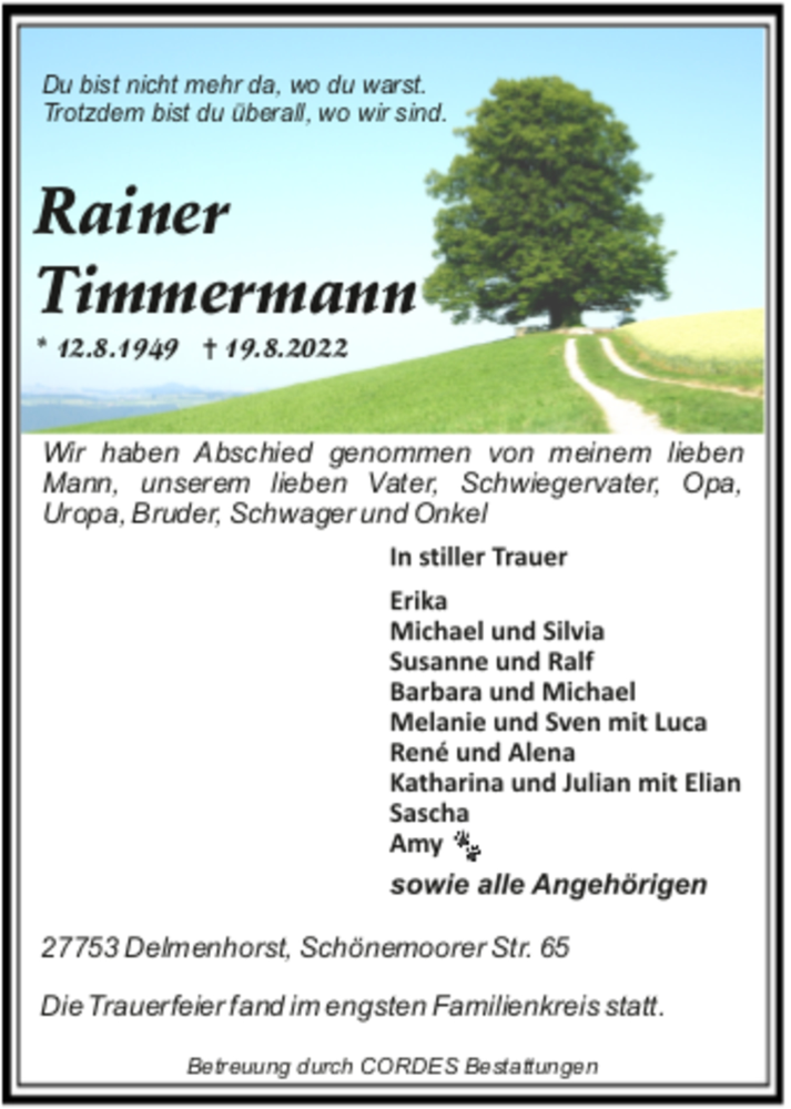  Traueranzeige für Rainer Timmermann vom 27.08.2022 aus trauer.de