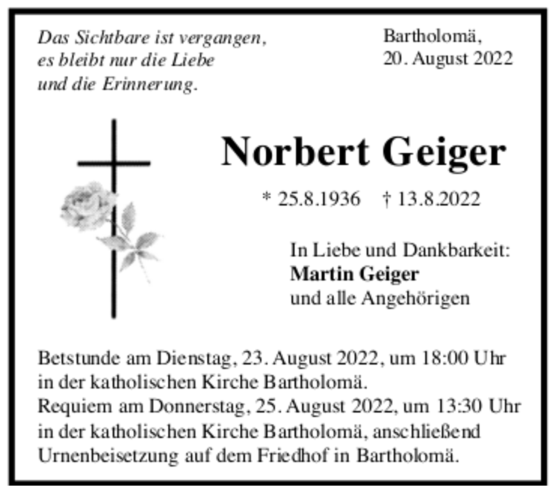 Todesanzeige von Norbert Geiger von trauer.de