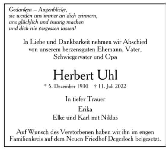 Todesanzeige von Herbert Uhl von Trauer.de