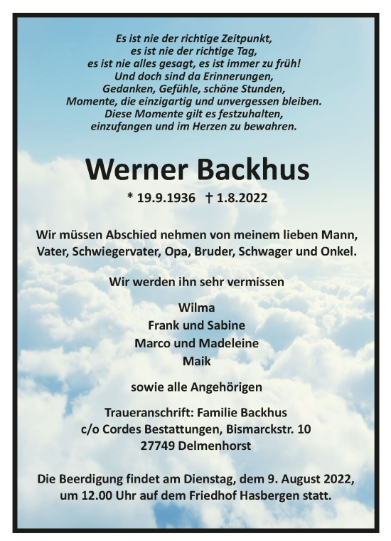 Todesanzeige von Werner Backhus von Trauer.de