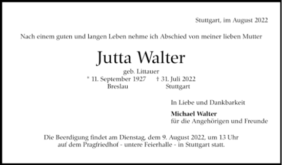 Todesanzeige von Jutta Walter von Trauer.de