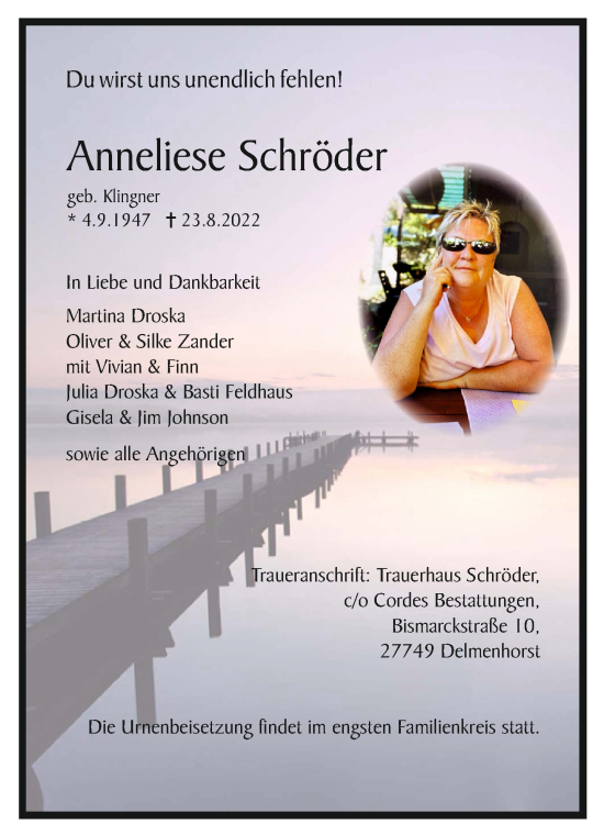 Todesanzeige von Anneliese Schröder von trauer.de
