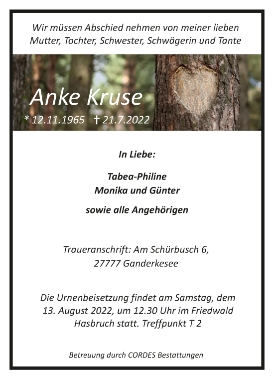 Todesanzeige von Anke Kruse von Trauer.de
