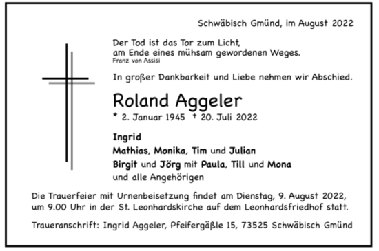 Todesanzeige von Roland Aggeler von Trauer.de