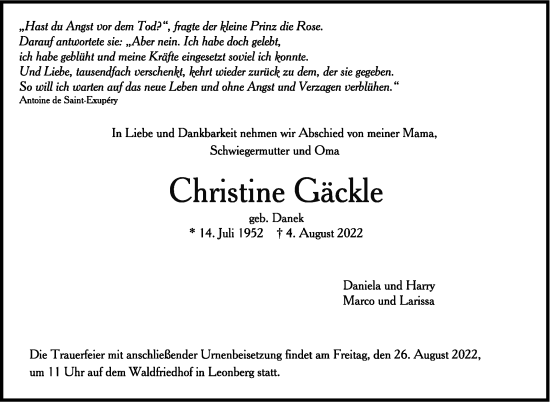 Todesanzeige von Christine Gäckle von trauer.de
