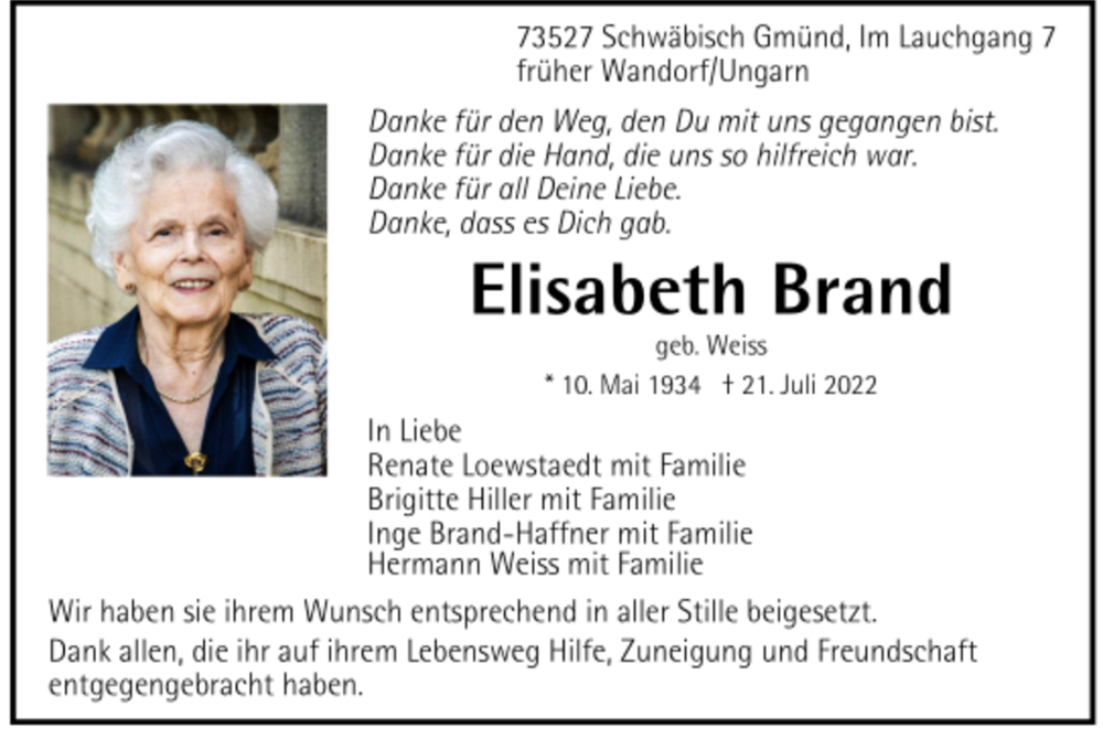  Traueranzeige für Elisabeth Brand vom 03.08.2022 aus Trauer.de