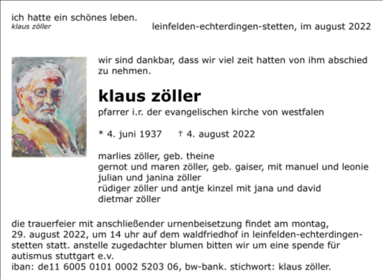 Todesanzeige von Klaus Zöller von Trauer.de