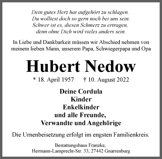 Todesanzeige von Hubert Nedow von Trauer.de